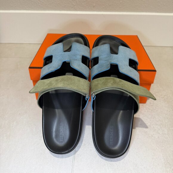 AUTHENTIC HERMES- Chypre Sandal Blue Cameo Vert Celadon Green Strap Slide - Picture 3 of 16